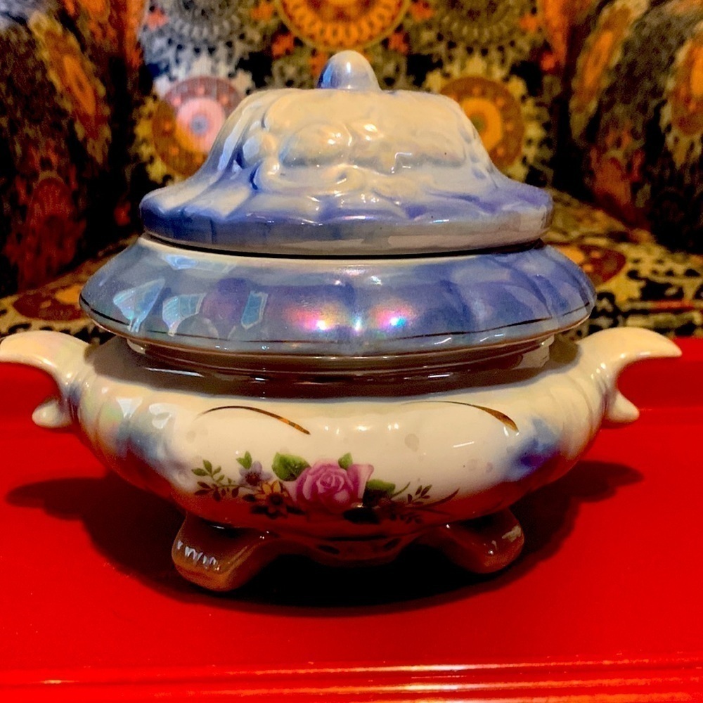 Vintage Blue & White Floral Iridescent Carnival Glass Footed Candy Dish With Lid